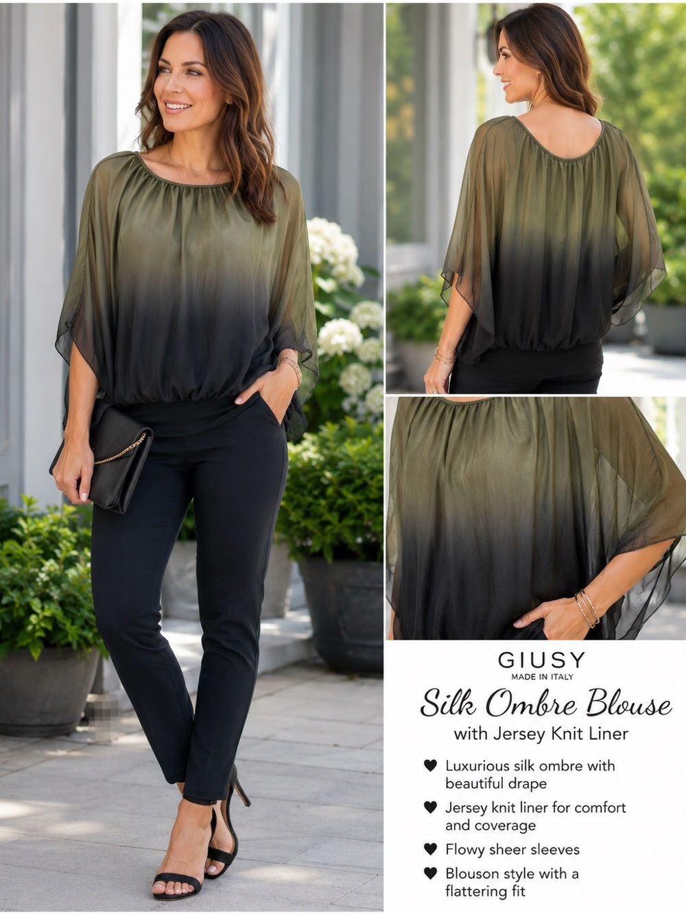 Giusy Made in Italy Silk Olive to Black Ombre Blouse Sheer Overlay Jersey Lined